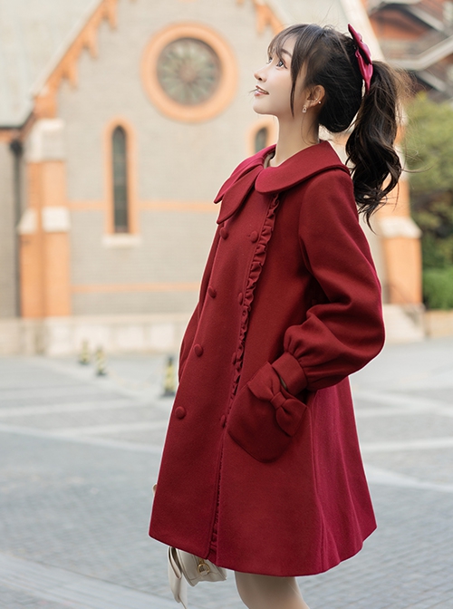 Solid Color Cute Rabbit Ears Asymmetrical Doll Collar Design Lantern Sleeve Autumn Winter Daily Plus Velvet Sweet Lolita Coat