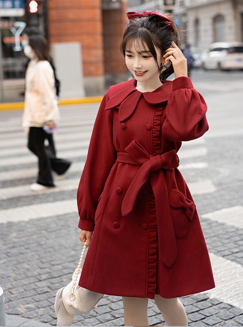 Solid Color Cute Rabbit Ears Asymmetrical Doll Collar Design Lantern Sleeve Autumn Winter Daily Plus Velvet Sweet Lolita Coat