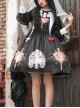 Withered Bone Flower Print Two Tone Removable Fake Collar Design Crucifix Love Decoration Lantern Sleeve Halloween Gothic Lolita Long Sleeve Dress