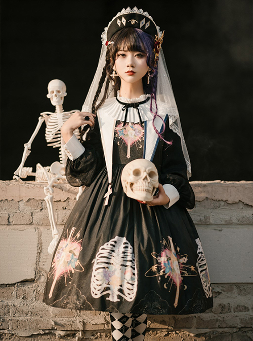 Withered Bone Flower Print Two Tone Removable Fake Collar Design Crucifix Love Decoration Lantern Sleeve Halloween Gothic Lolita Long Sleeve Dress