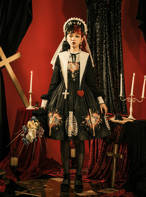 Withered Bone Flower Print Two Tone Removable Fake Collar Design Crucifix Love Decoration Lantern Sleeve Halloween Gothic Lolita Long Sleeve Dress