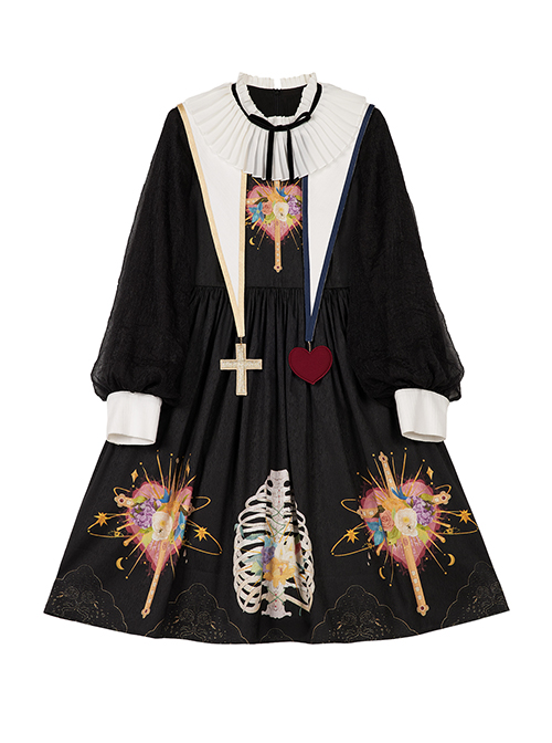 Withered Bone Flower Print Two Tone Removable Fake Collar Design Crucifix Love Decoration Lantern Sleeve Halloween Gothic Lolita Long Sleeve Dress