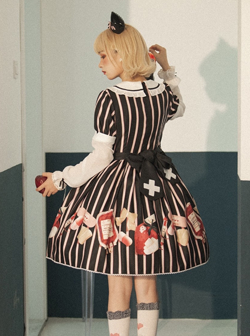 Striped Bow Doll Collar Detachable Sleeves Strawberry Blood Bag Syringe Print Striped Halloween Sweet Lolita Long Sleeve Dress