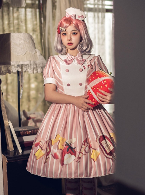 Striped Bow Doll Collar Detachable Sleeves Strawberry Blood Bag Syringe Print Striped Halloween Sweet Lolita Long Sleeve Dress