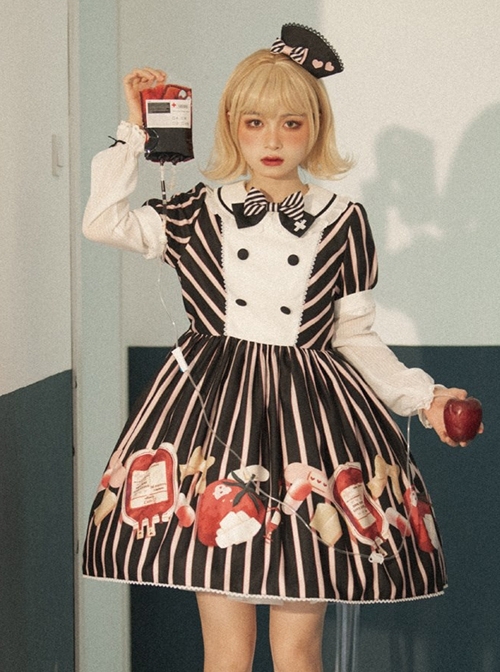 Striped Bow Doll Collar Detachable Sleeves Strawberry Blood Bag Syringe Print Striped Halloween Sweet Lolita Long Sleeve Dress