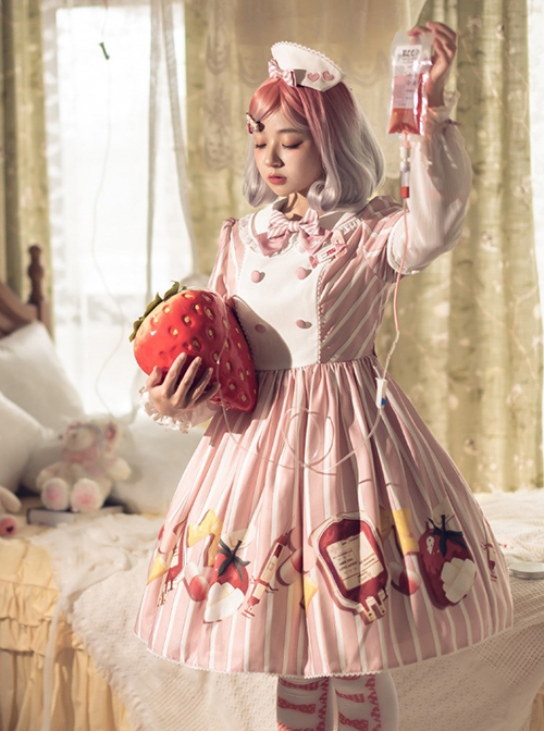 Striped Bow Doll Collar Detachable Sleeves Strawberry Blood Bag Syringe Print Striped Halloween Sweet Lolita Long Sleeve Dress