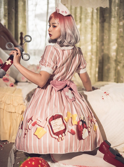 Striped Bow Doll Collar Detachable Sleeves Strawberry Blood Bag Syringe Print Striped Halloween Sweet Lolita Long Sleeve Dress