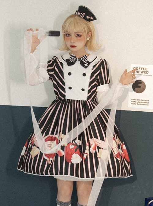 Striped Bow Doll Collar Detachable Sleeves Strawberry Blood Bag Syringe Print Striped Halloween Sweet Lolita Long Sleeve Dress