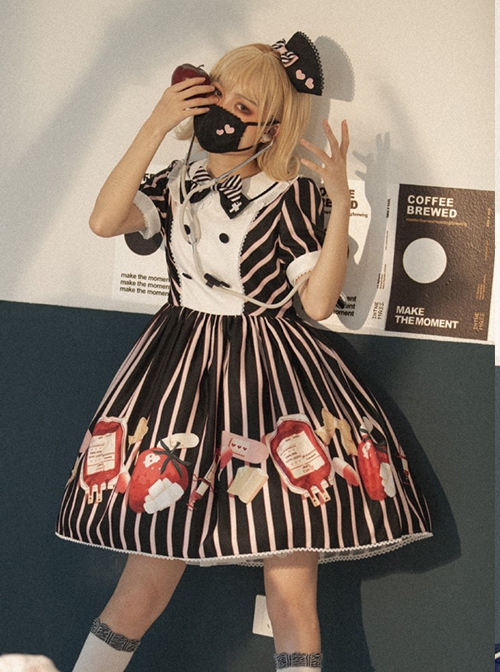 Striped Bow Doll Collar Detachable Sleeves Strawberry Blood Bag Syringe Print Striped Halloween Sweet Lolita Long Sleeve Dress