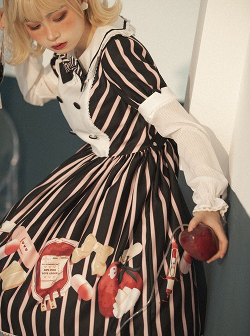 Striped Bow Doll Collar Detachable Sleeves Strawberry Blood Bag Syringe Print Striped Halloween Sweet Lolita Long Sleeve Dress