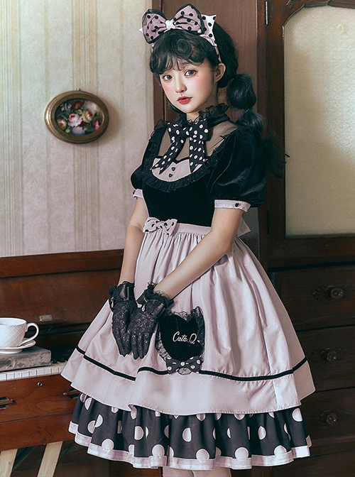 Black Purple Polka Dot Bow Love Lace Decoration Velvet Upper Body Polka Dot Hem Classic Lolita Short Sleeve Dress