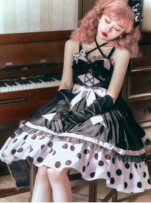 Velvet Front Of The Chest Heart Lace Bow-Knot Patchwork Design Polka Dot Hem Black-Purple Classic Lolita Sleeveless Dress