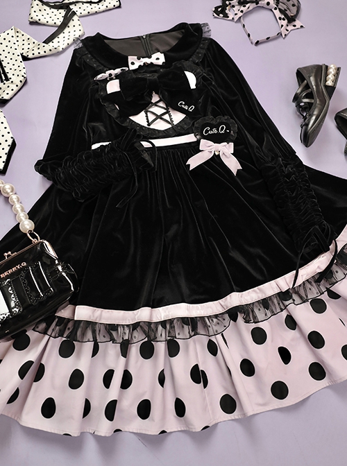 Velvet Front Of The Chest Heart Lace Bow-Knot Patchwork Design Polka Dot Hem Black-Purple Classic Lolita Sleeveless Dress