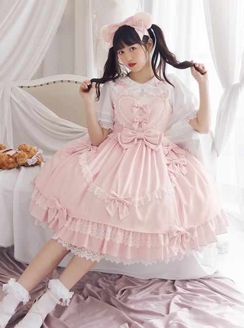 Plush Bear Ears Mesh Heart Stitching Lace Design Polka Dot Bow Plush Bear Tail Sweet Lolita Sleeveless Dress