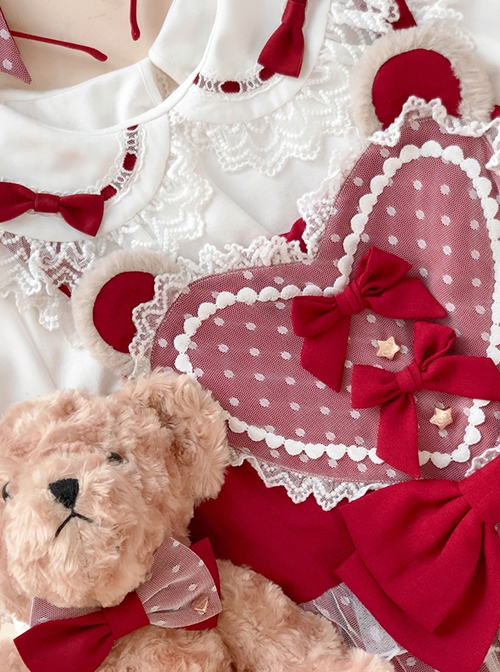 Plush Bear Ears Mesh Heart Stitching Lace Design Polka Dot Bow Plush Bear Tail Sweet Lolita Sleeveless Dress