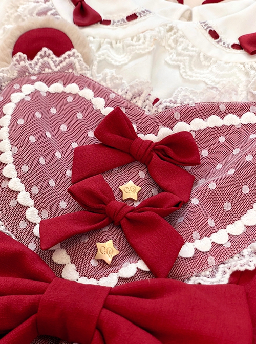 Plush Bear Ears Mesh Heart Stitching Lace Design Polka Dot Bow Plush Bear Tail Sweet Lolita Sleeveless Dress