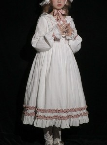 Jenny'S Dresser Series White Crew Neck Loose Daily Lantern Sleeves Bow-Knot Decoration Classic Lolita Long Sleeve Dress
