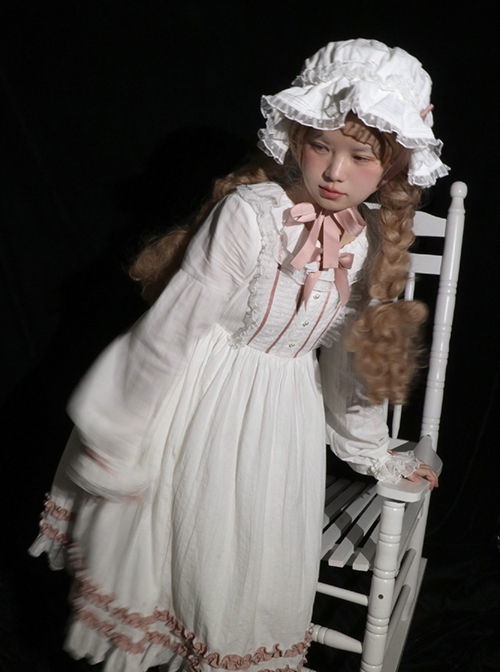 Jenny'S Dresser Series White Crew Neck Loose Daily Lantern Sleeves Bow-Knot Decoration Classic Lolita Long Sleeve Dress