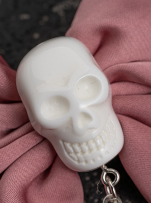 Pink Satin Bow White Skull Crucifix Decorated Sweet Cool Halloween Gothic Lolita Hair Clip