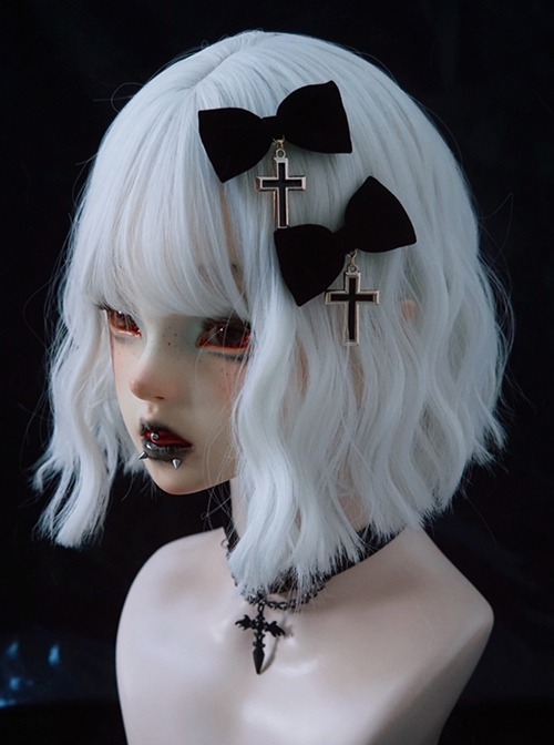 Black Velvet Bow Metal Cross Simple Halloween Gothic Lolita Hair Clip