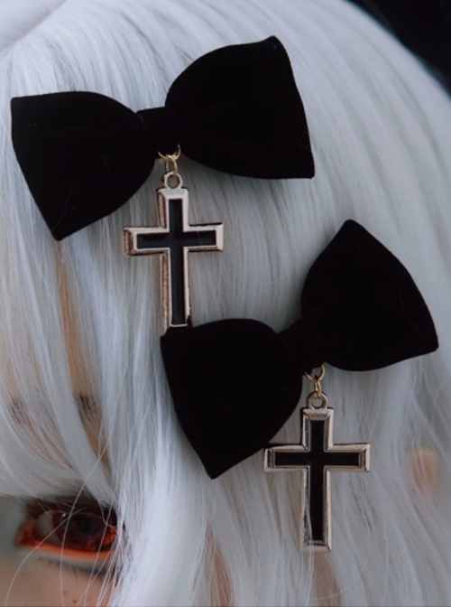 Black Velvet Bow Metal Cross Simple Halloween Gothic Lolita Hair Clip