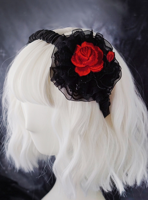 Red Rose Embroidered Lace Mesh Asymmetric Pleated Gothic Lolita Headband