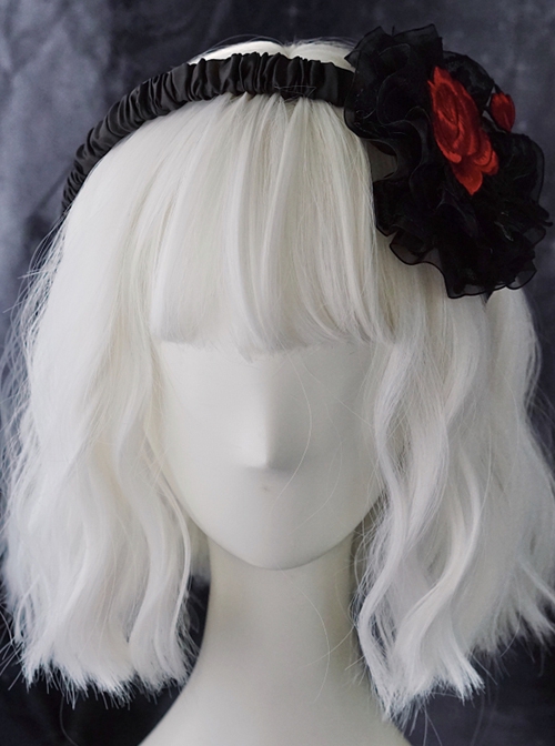 Red Rose Embroidered Lace Mesh Asymmetric Pleated Gothic Lolita Headband