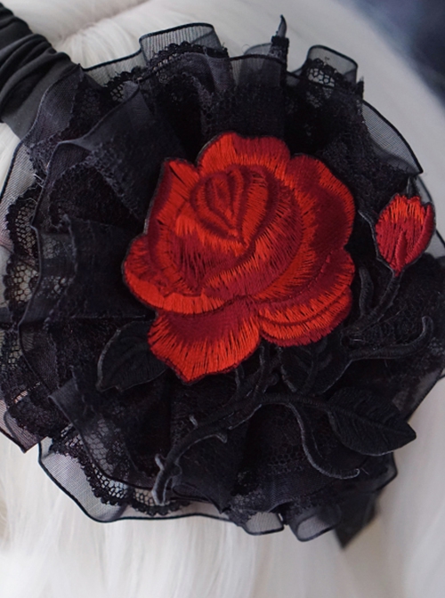 Red Rose Embroidered Lace Mesh Asymmetric Pleated Gothic Lolita Headband