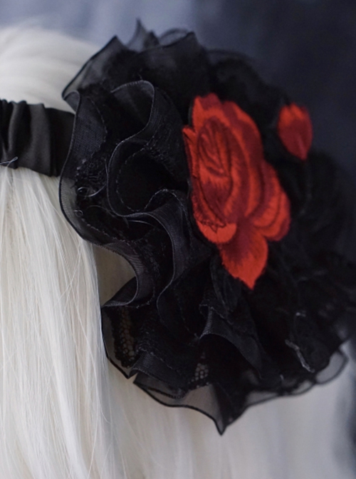 Red Rose Embroidered Lace Mesh Asymmetric Pleated Gothic Lolita Headband