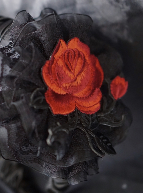 Red Rose Embroidered Lace Mesh Asymmetric Pleated Gothic Lolita Headband