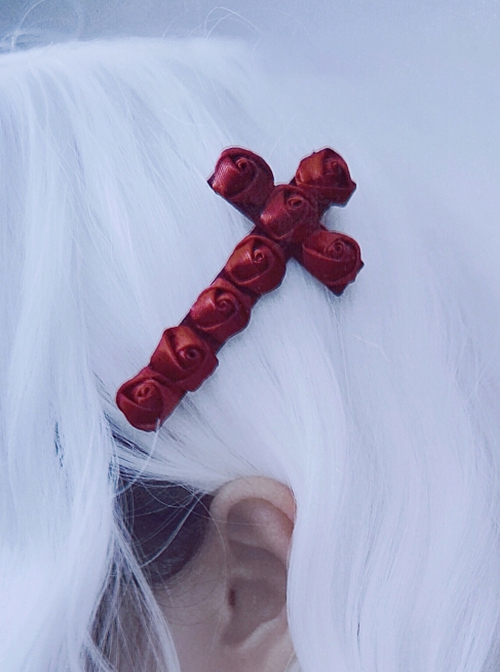 Elegant Crucifix Red Rosebud Halloween Gothic Lolita Hair Clip