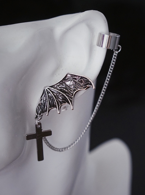 Punk Style Bat Wings Crucifix Chain Unilateral Left Ear Halloween Gothic Lolita Earring