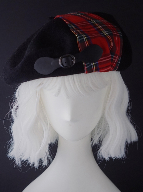 Black Woolen Rock Red British Plaid Stitching Autumn Winter Warm Punk Lolita Beret