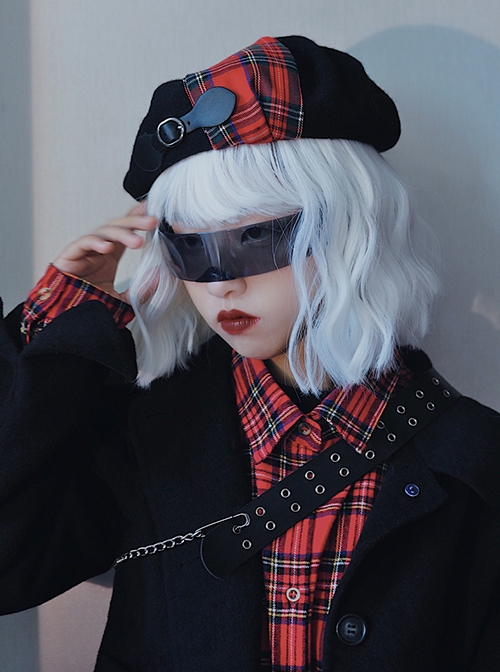 Black Woolen Rock Red British Plaid Stitching Autumn Winter Warm Punk Lolita Beret