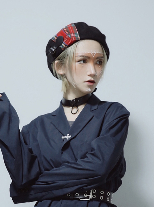 Black Woolen Rock Red British Plaid Stitching Autumn Winter Warm Punk Lolita Beret