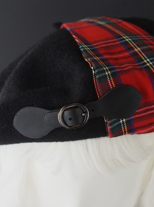 Black Woolen Rock Red British Plaid Stitching Autumn Winter Warm Punk Lolita Beret