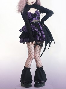 Little Devil Series Black Purple Plaid Asymmetric Hem Design Fishnets Bow Punk Lolita Sling Skirt Suit