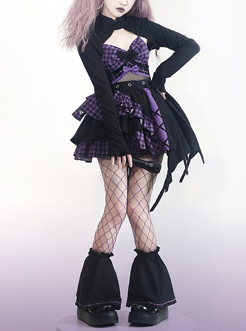 Little Devil Series Black Purple Plaid Asymmetric Hem Design Fishnets Bow Punk Lolita Sling Skirt Suit