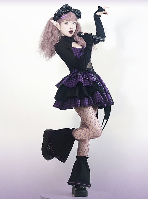 Little Devil Series Black Purple Plaid Asymmetric Hem Design Fishnets Bow Punk Lolita Sling Skirt Suit