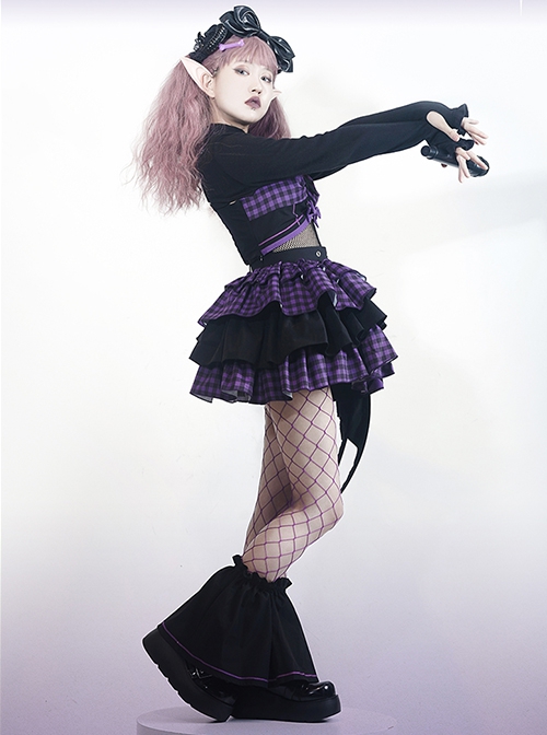 Little Devil Series Black Purple Plaid Asymmetric Hem Design Fishnets Bow Punk Lolita Sling Skirt Suit