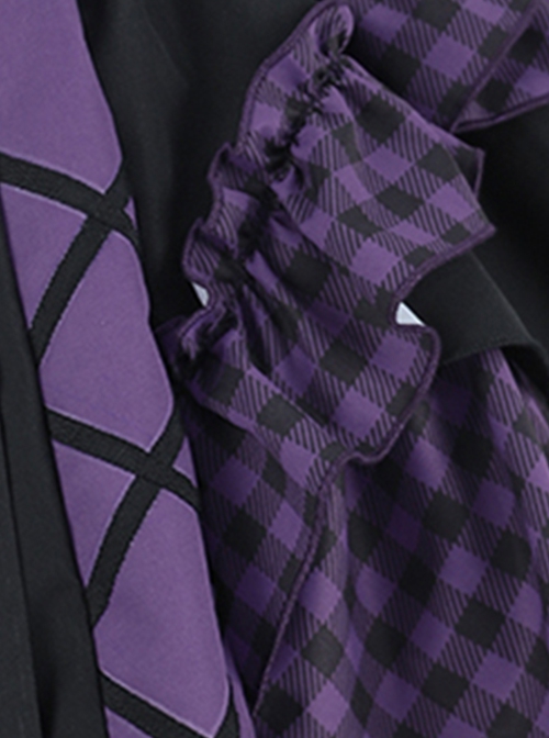 Little Devil Series Black Purple Plaid Asymmetric Hem Design Fishnets Bow Punk Lolita Sling Skirt Suit