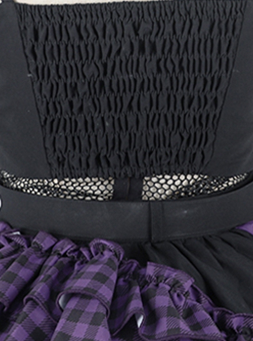 Little Devil Series Black Purple Plaid Asymmetric Hem Design Fishnets Bow Punk Lolita Sling Skirt Suit