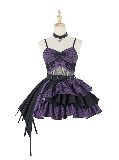 Little Devil Series Black Purple Plaid Asymmetric Hem Design Fishnets Bow Punk Lolita Sling Skirt Suit