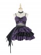 Little Devil Series Black Purple Plaid Asymmetric Hem Design Fishnets Bow Punk Lolita Sling Skirt Suit