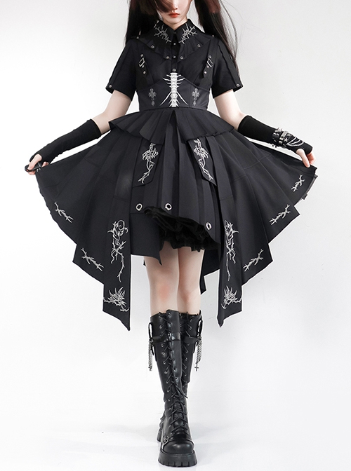 Solid Color Thorns Embroidery Irregular Thorns Embroidery Hem Handsome Gothic Lolita Short Sleeve Dress