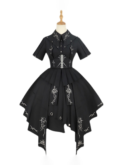 Solid Color Thorns Embroidery Irregular Thorns Embroidery Hem Handsome Gothic Lolita Short Sleeve Dress