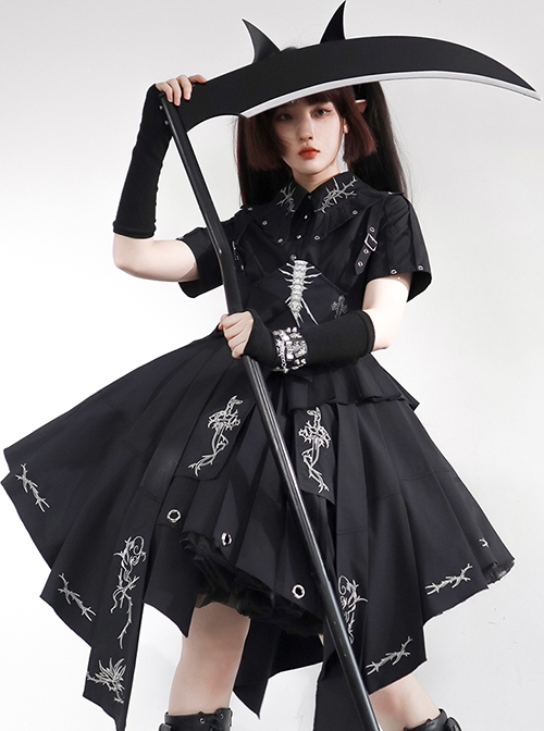 Solid Color Thorns Embroidery Irregular Thorns Embroidery Hem Handsome Gothic Lolita Short Sleeve Dress