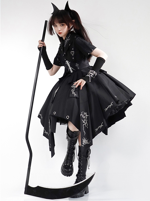 Solid Color Thorns Embroidery Irregular Thorns Embroidery Hem Handsome Gothic Lolita Short Sleeve Dress