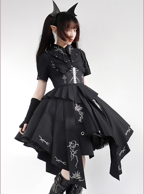 Solid Color Thorns Embroidery Irregular Thorns Embroidery Hem Handsome Gothic Lolita Short Sleeve Dress