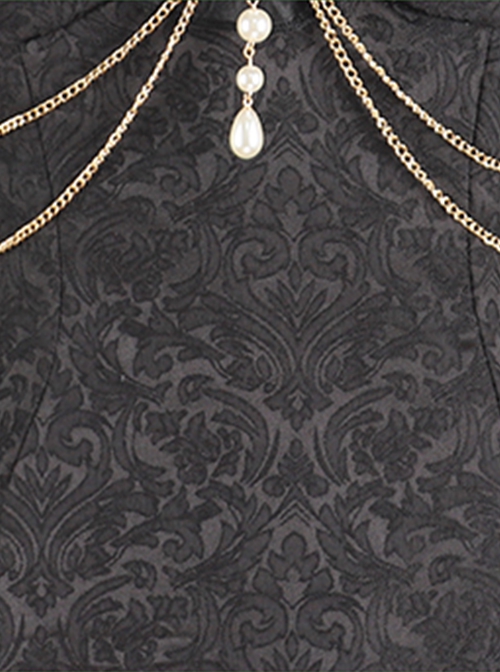 Camellia Series Elegant Black Rose Flower Bow Bead Chain Decoration Irregular Fishtail Hem Gothic Lolita Dress